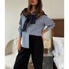 Women Striped Linen Button‑Down Shirt Loose Long Sleeve Casual Oversized Blouse For Daily Wear