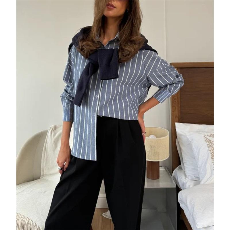 Women Striped Linen Button‑Down Shirt Loose Long Sleeve Casual Oversized Blouse For Daily Wear
