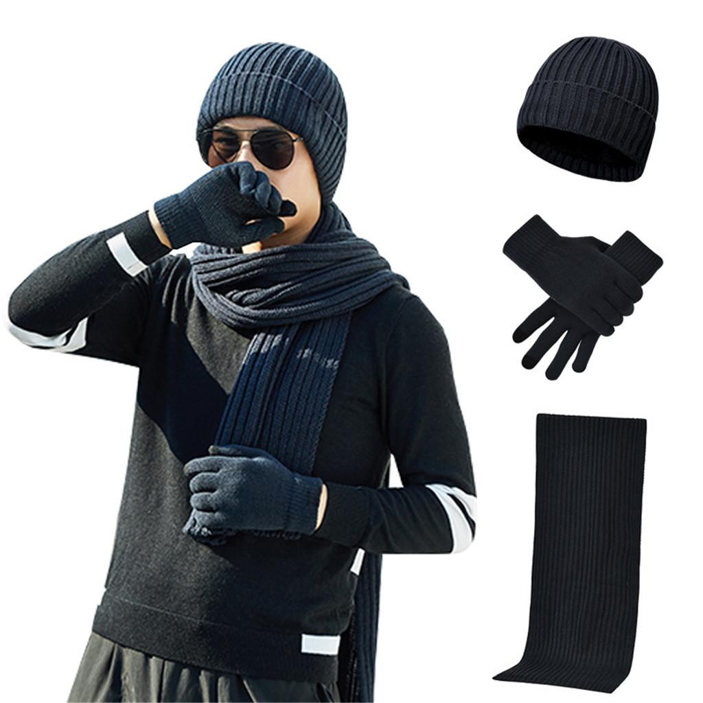 Unisex Knitted Scarf Hat and Gloves Set Stretch Hat Scarf and Mitten Set