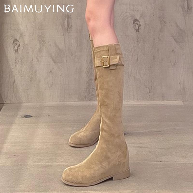Женские высокие сапоги на плоской подошве из замши с пряжкой в стиле ретро, тренд 2025 года, новый бренд, классические зимние ботинки средней длины для мотоциклистов