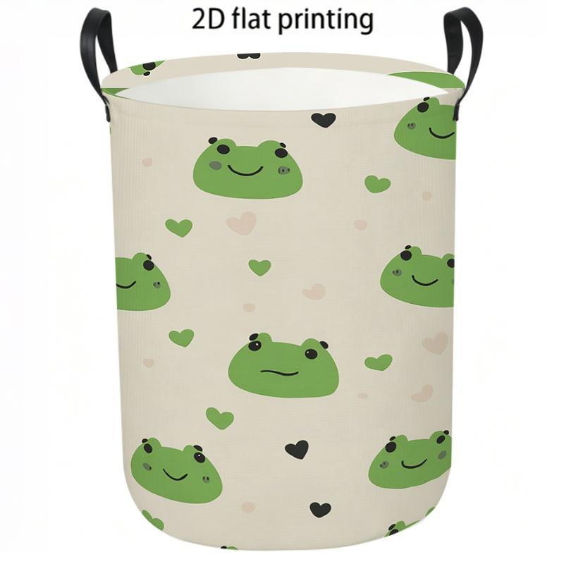 1pc Laundry Basket, Cute Frog And Heart Pattern Dirty Clothes Hamper, Casual Style Fabric Storage Bin with Durable Handles, Collapsible Home Organizat