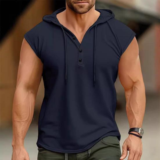 Men Vest Hooded Drawstring Sleeveless Tops Solid Color T-Shirt with Wide Shoulder