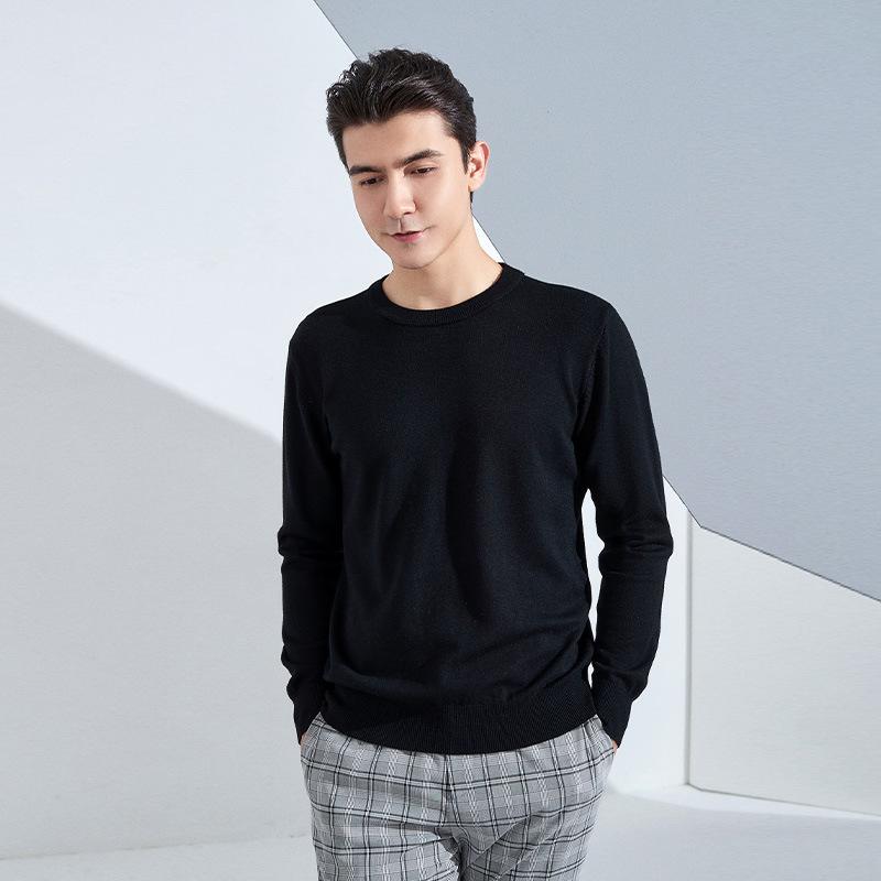Осень и Зима Мужской Трикотажный Свитер с Круглым Вырезом, Свободный, Утепленный Пуловер, Однотонный, с Длинным Рукавом, Короткий, Деловой, Базовый, Теплый Свитер