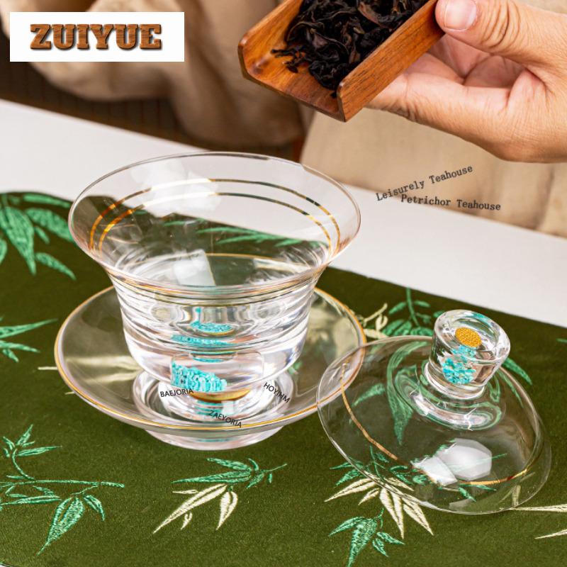 150ml Turquoise Crystal Glass Gaiwan Aesthetic Tea Tureen Tea Bowl With Lid Kit Tea Maker Cover Bowl Tableware Decoration Craft