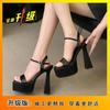 2025 Black High Heels Women's Thick-soled One-word Buckle with Waterproof Table Showing Long Legs Open-toed Sandals Thick Heels Not Tired Feet