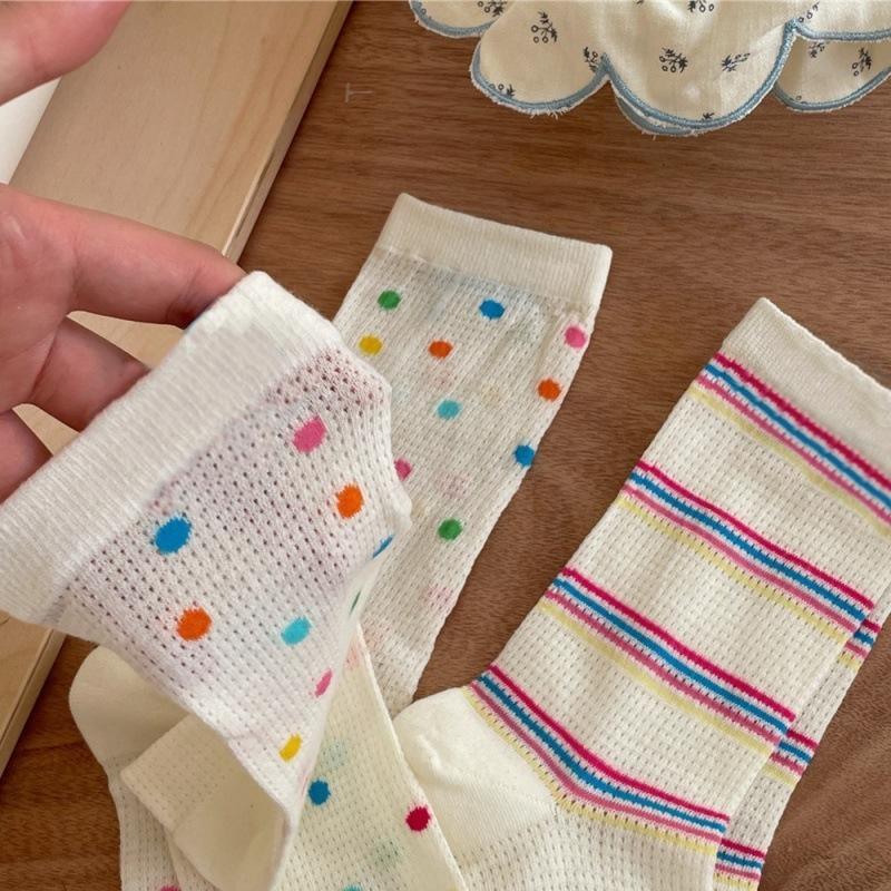 Носки для девочек в разноцветную полоску в горошек, детские носки до середины голени, модные, из чистого хлопка, летние, тонкие, сетчатые, дышащие, длинные, весна-лето
