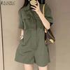 Women Casual Turn Down Collar Short Sleeve Summer Jumpsuits Overalls