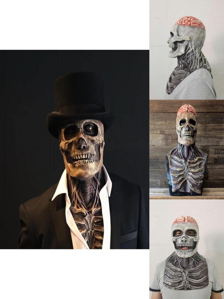 Жуткая маска биохимического скелета для Хэллоуина, силиконовая голова с полным покрытием и шляпой