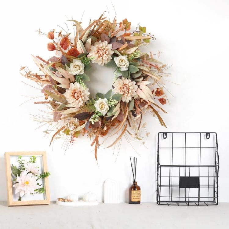 Cream Coffee Color Wreath for Front Door Handmade Artificial Floral Wreath with Bright Blooms and Foliages for Decors