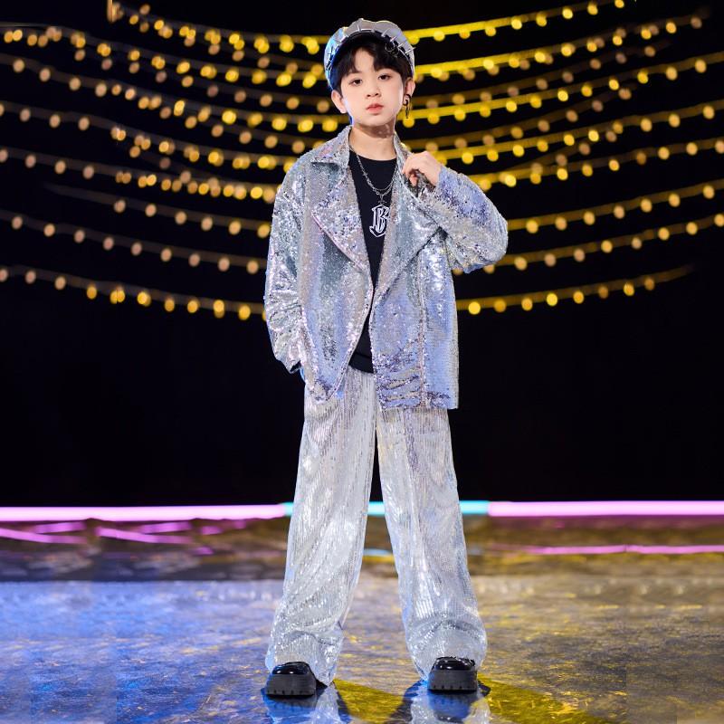 Kids Hip Hop Dance Outfit With Sequins Sparkle Set Stage Performance Boys Girls Street Costume