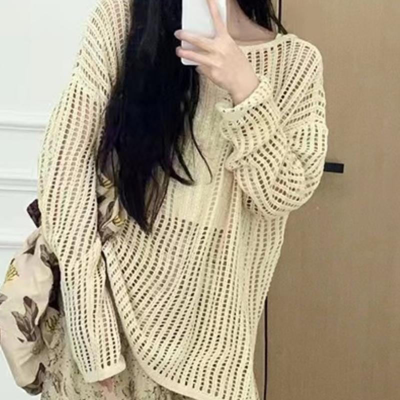 IHUASU Женская ажурная трикотажная блуза на лето и осень, простой свободный повседневный топ, ленивая ветрозащитная рубашка от солнца