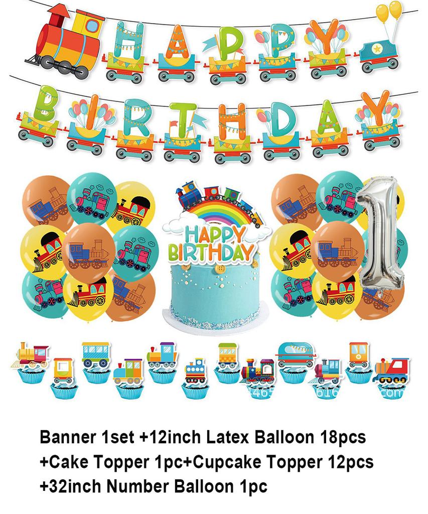 Cartoon Train Theme Birthday Party Decoration Number Balloons Cake Topper Transportation Vehicles Backdrop Banner Party Supplies