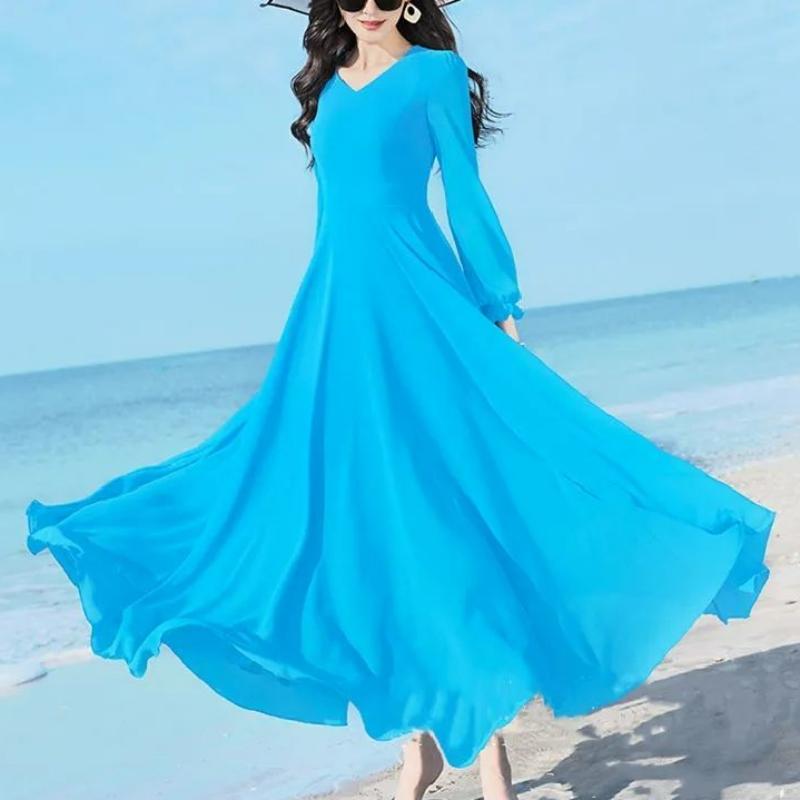 Летняя мода Новое корейское простое элегантное шифоновое платье средней длины Однотонное V-образный вырез Талия Молния Пэчворк Платья с рукавами-бабочками