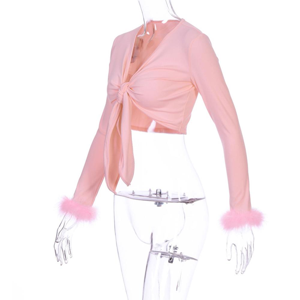 Сексуальные укороченные топы с длинным рукавом и v-образным вырезом на меху, осень-зима, женская уличная одежда, клубные наряды для вечеринок, футболки