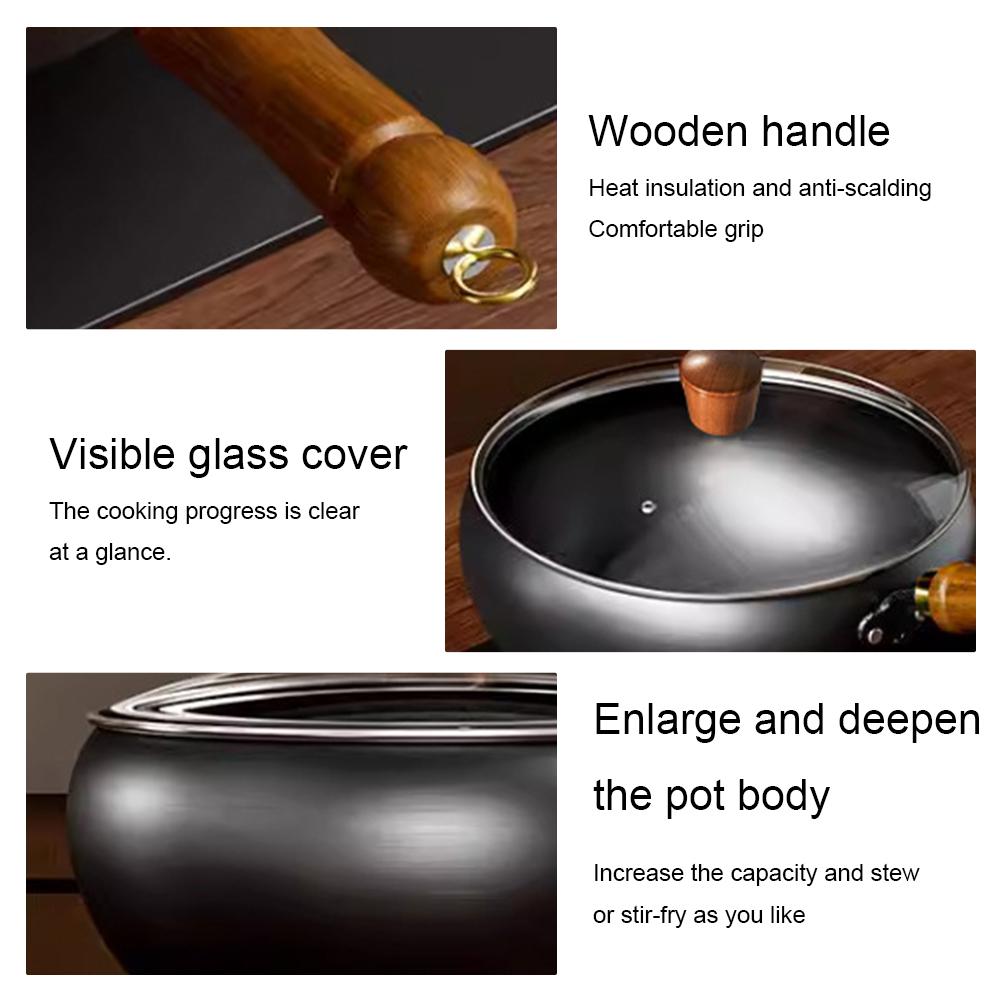 24CM Nonstick Wok Wooden Handle Non-Stick Pan with Lid Iron Wok for Home Camping Restaurant Hotel Kitchen