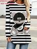 Women's Striped Bear Print Long-sleeved T-shirt, Loose Round Neck Mid-length Pullover Top Background Color with Cool Cartoon Bear Pattern