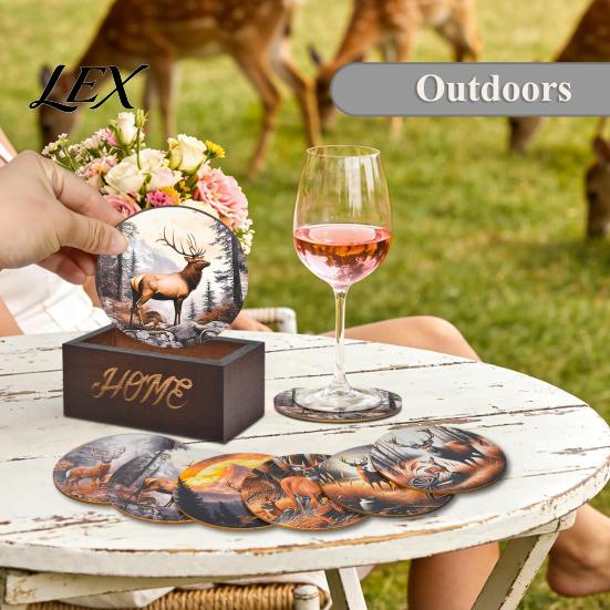 Rustic Forest Elk Pattern Coasters Retro Elk/Vinyl Record Coasters, Decorative Wooden Cup Mats, Insulated Table Natural Wood Decor for Home