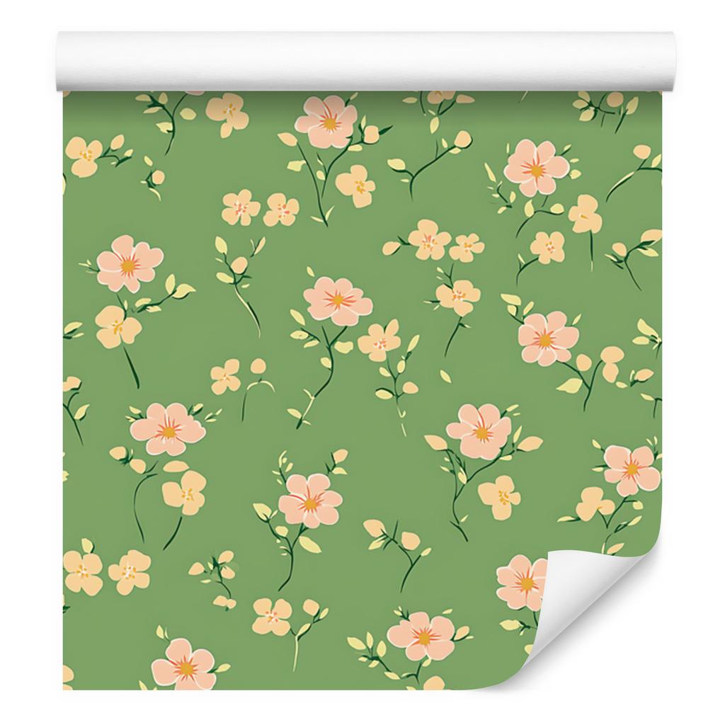 Cottagecore Flowers Wallpaper Green, Lime and Beige 50x1000