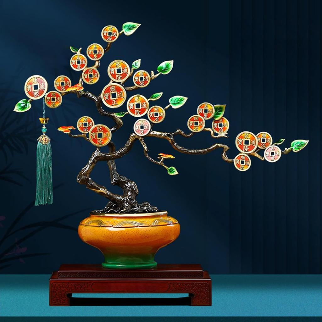 Aris & Juno Chinese Feng Shui Money Tree Decoration Set - Yuan Bao Zhao CAI Figurine with Brass Money Tree and Yuan Bao for Home Office Decor,