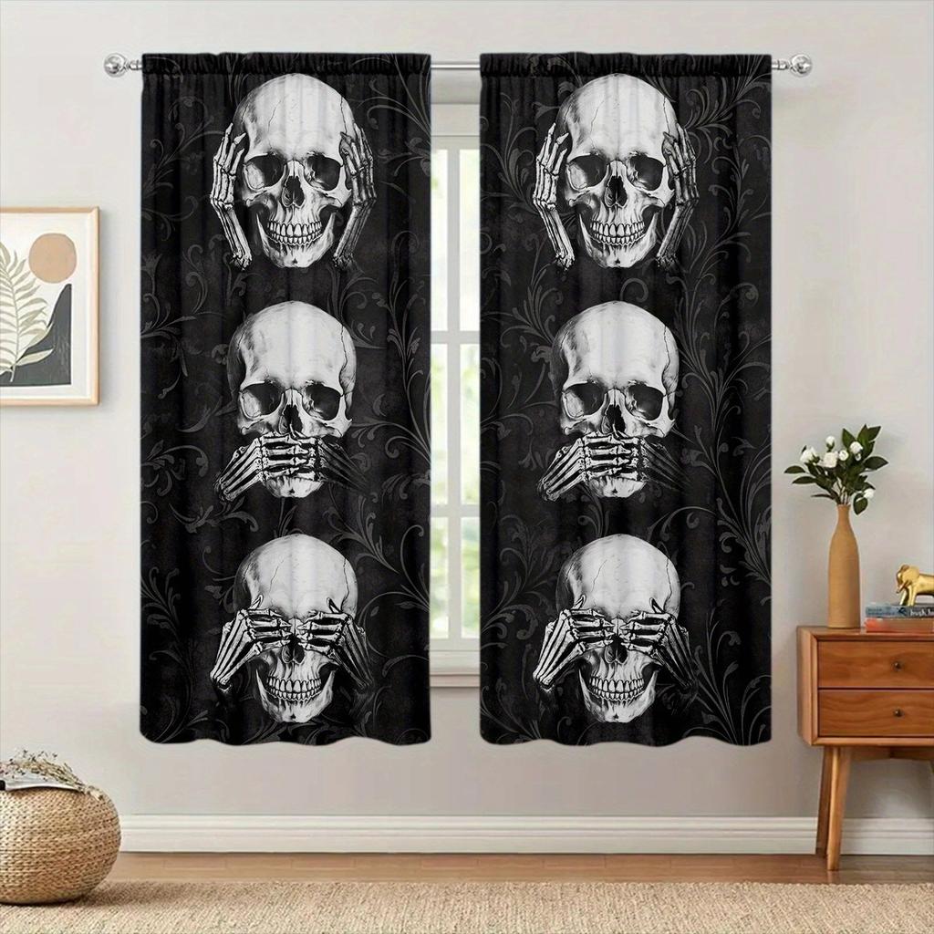 Three Wise Skulls Printed Curtain for Home Decor - Rod Pocket Window Treatment for Bedroom, Kitchen, Living Room