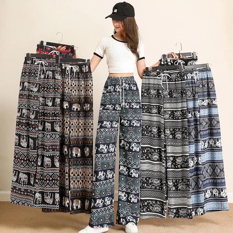 Elephant Pants Adjustable Elastic Waist Strap Rope Loose Legs Women Men Unisex Print Thailand Casual Streetwear Beach Bohemian Retro Vintage