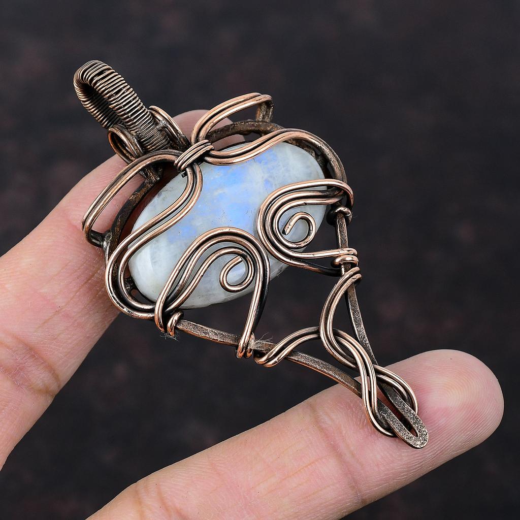 Подвеска Rainbow Moonstone, обернутая медной проволокой, подвеска Rainbow Moonstone, ювелирные изделия Handmade, кулон в подарок для женщин, ювелирные изделия из медной проволоки