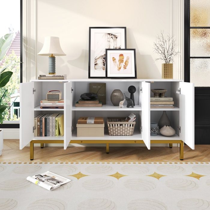 Buffet 140 x 40 x 80 cm - 4 portes - Avec étagères réglables - Finition brillante - Blanc + Or