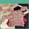 Очаровательный хлопковый комплект-двойка для девочек в корейском стиле на лето со сладким клетчатым дизайном