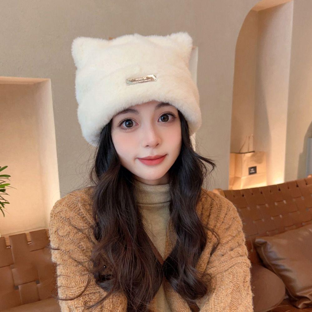 Bear Ears Knitted Cap Letter Winter Plush Hat Cute Cat Ears Hat  Female/Girls