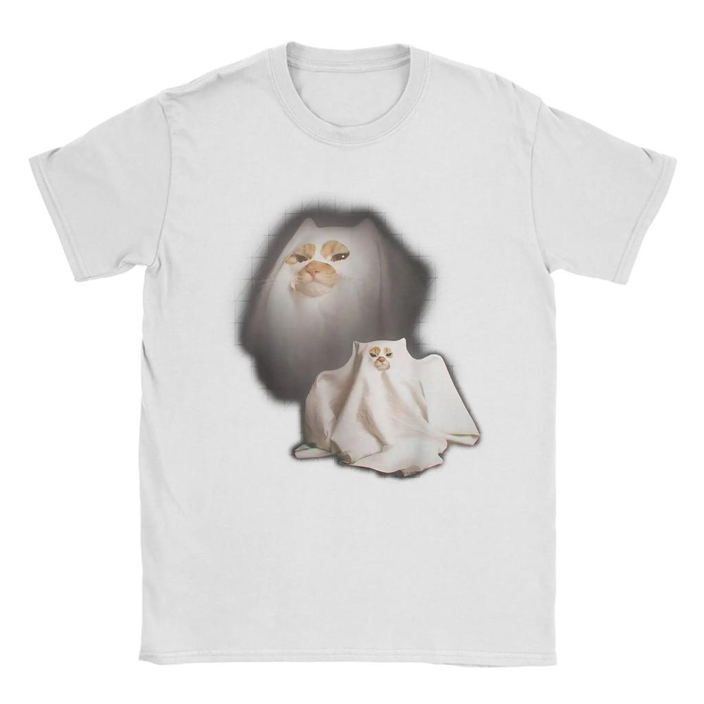 Мем Призрак Кота Смешная Хэллоуинская Футболка Котенок Винтажные Футболки Круглый Вырез Короткий Рукав Футболки Одежда для Вечеринок Кавайная Одежда
