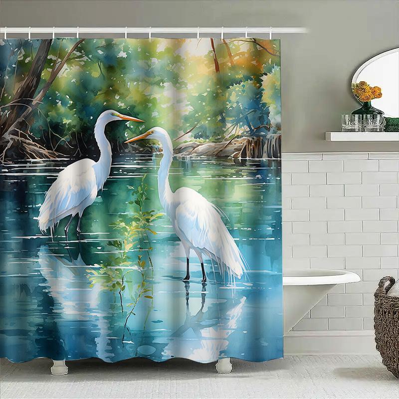 Watercolor Birds Bathroom Shower Curtain White Pelicans Swamp Print Home Decor Waterproof Fabric Shower Panel Suitable for Batht