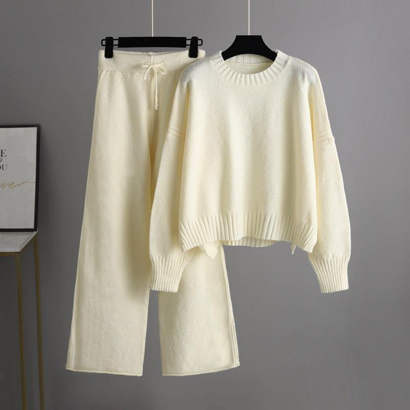 GMXIA Autumn and Winter Fashion Casual Knitted Suit Pants, Loose Sweater, Wide-leg Pants, Long Pants Two-piece Set