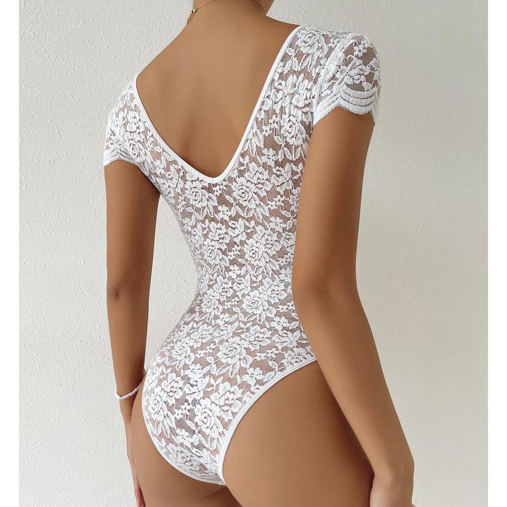 2025 Summer European & American Solid Lace-Trim Deep V Backless Bodysuit