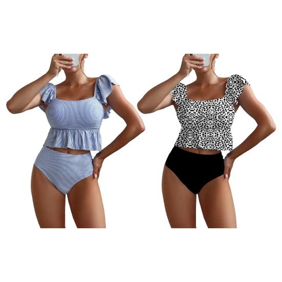 2 шт./комплект Женский купальник Комплект Квадратный вырез Воланы Короткий рукав Полосатый принт Топы Высокая талия Плавки Комплект купальных костюмов