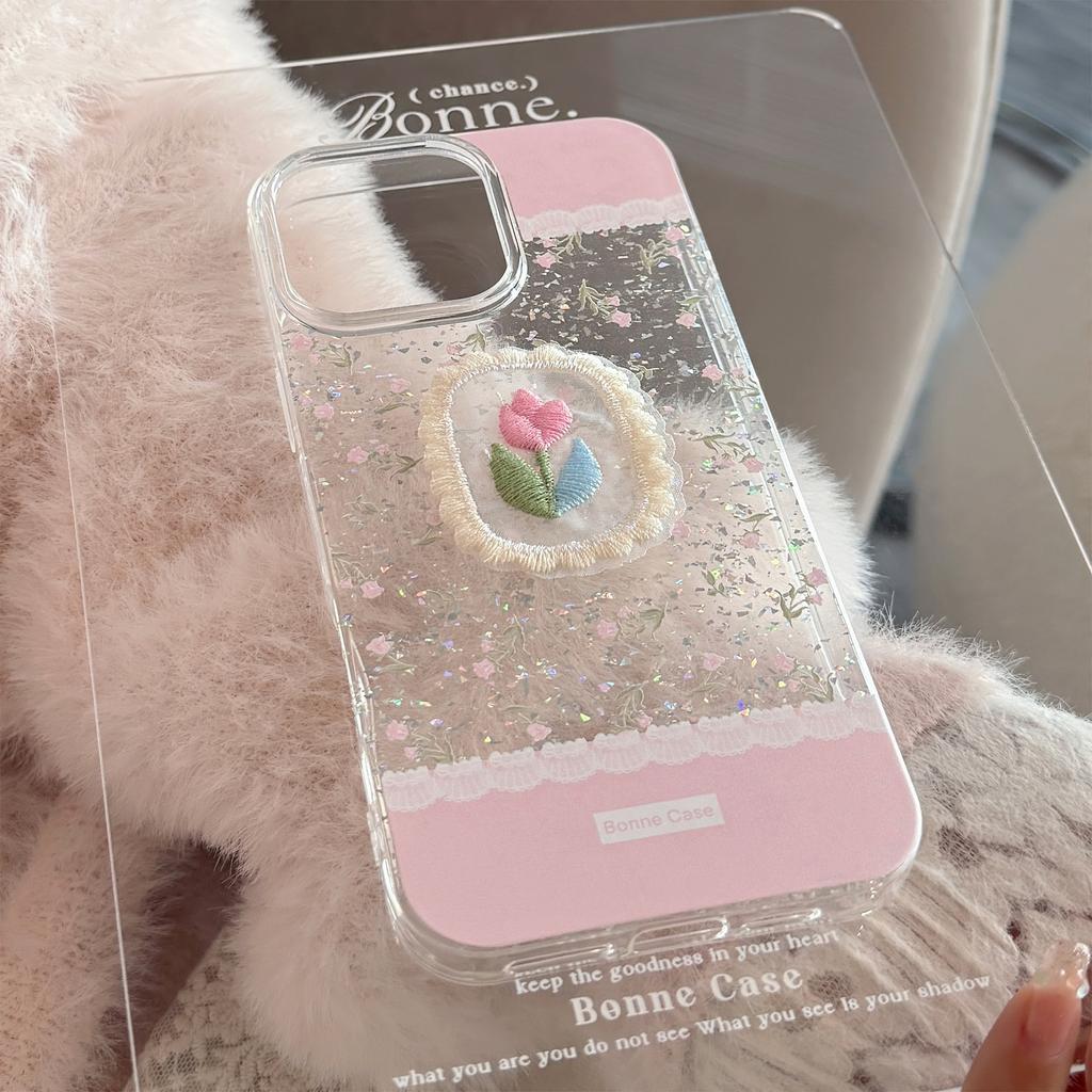 Вышивка розовыми цветами Подходит для чехла для мобильного телефона Apple 16promax 17 Блестящая пудра Iphone14 Арт 11 Цепочка для подвешивания 13