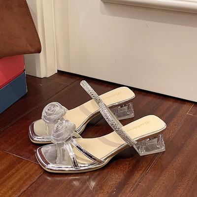 Женские тапочки Летние Новые Тапочки на Толстом Каблуке Роскошные Хрустальные Тапочки для Женщин С Открытым Носком Тапочки Слайды с Цветочным Дизайном