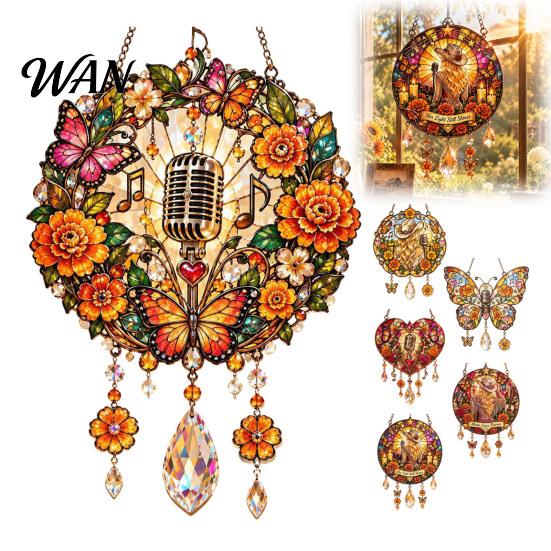 Stained Glass Style Decor Acrylic Suncatcher with Metal Chain, 2D Flat Window Hanging Ornament Vintage Microphone Wall Retro Cowgirl/Microphone