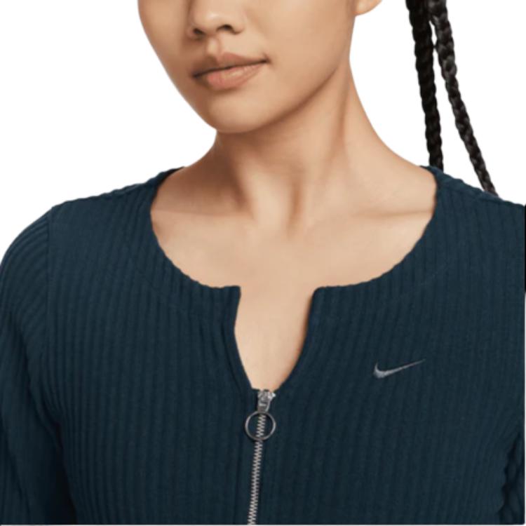 Nike Однотонный удобный облегающий свитер с застежкой-молнией в рубчик, женский свитер темно-синего цвета FN3683-478