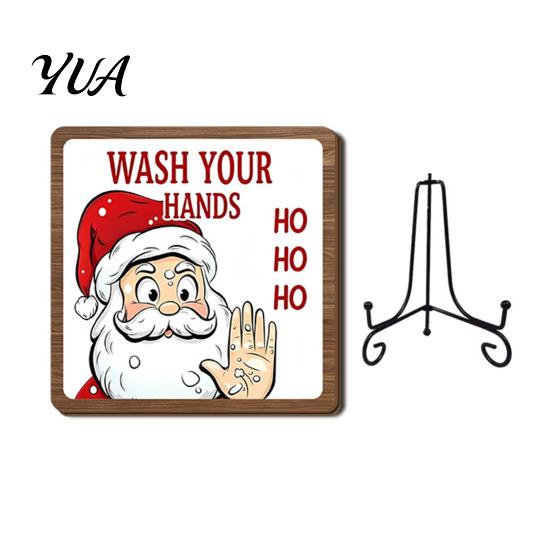Xmas Party Ornament Christmas Wooden Tabletop Decor, 2D Pet Santa with Iron Stand, Rustic Holiday Sign for Home And Cafe Festive Shelf, Solid