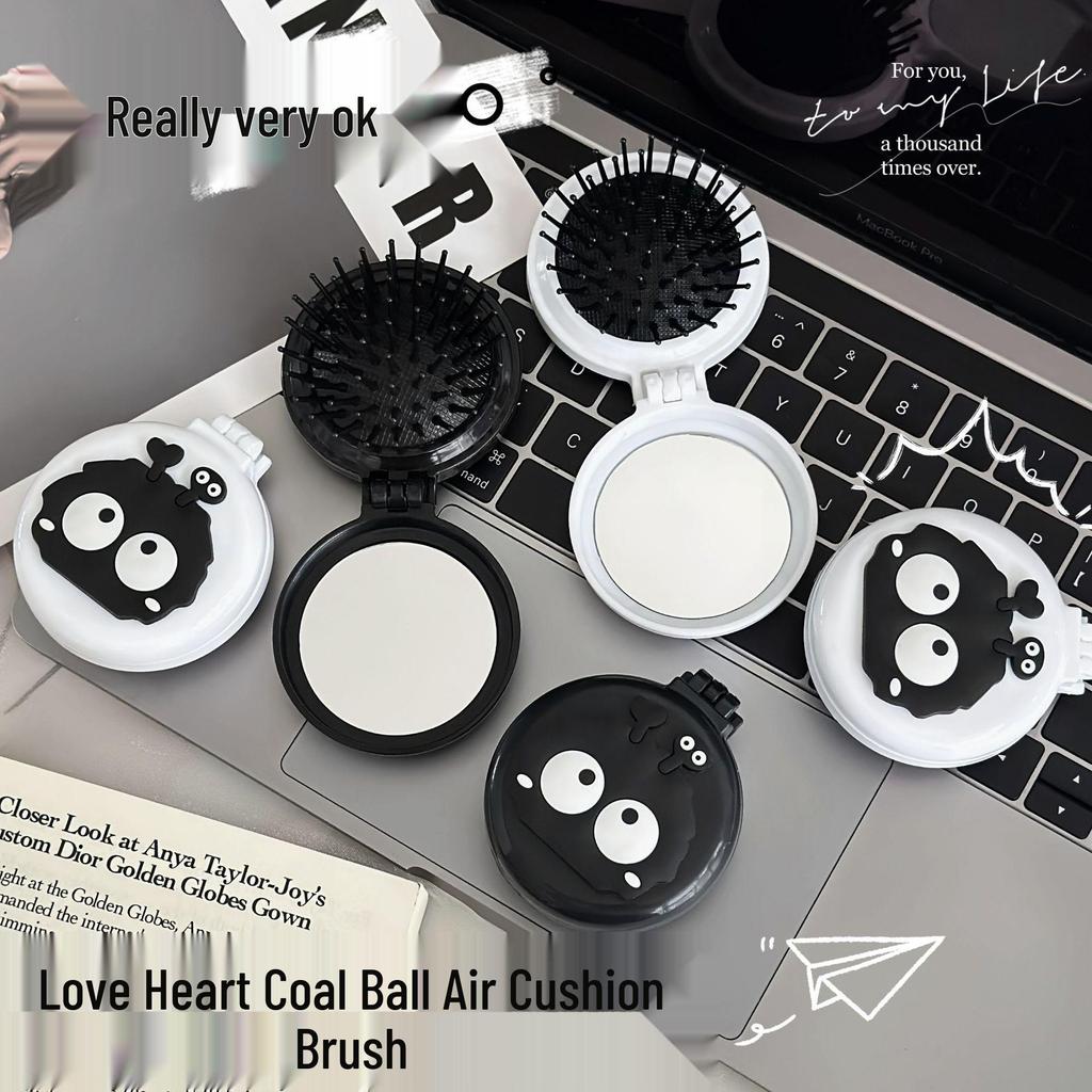 Portable Cute Coal Air Cushion Comb & Mirror Set: Children's Massaging Hairdressing Tool for Girls