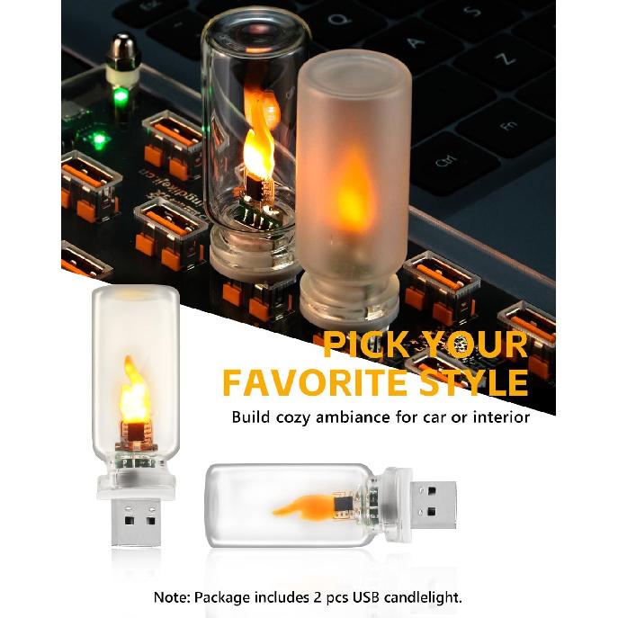 2 PCS USB Light for Car, LED Flame Light, Plug in USB Vehicle Interior Ambient Light, Mini LED Retro Clear Glass Night Light for Camping, Holiday