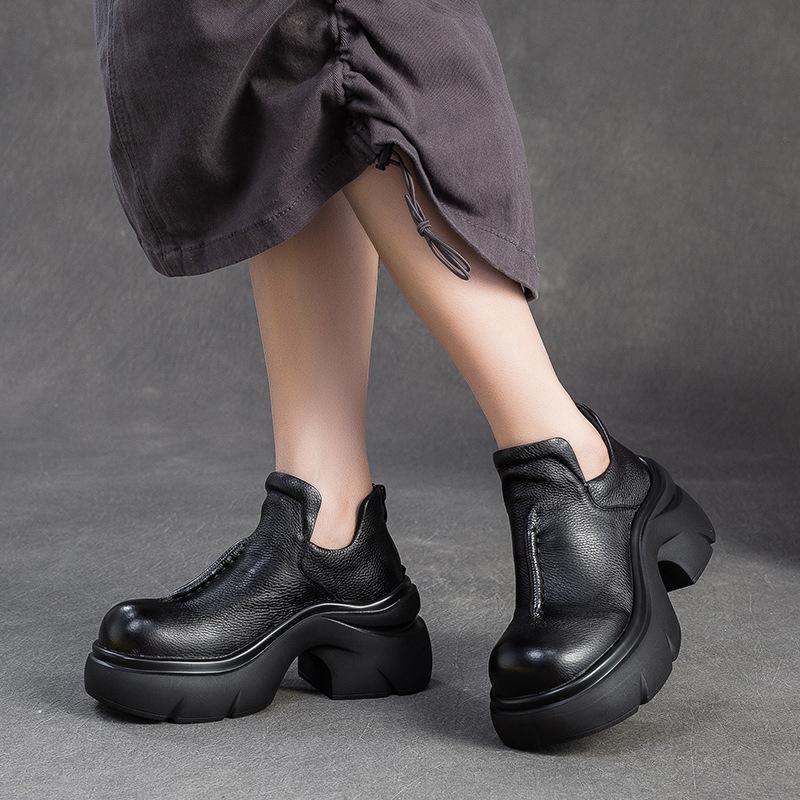 Fashion GKTINOO Genuine Leather Ankle Boots Women Shoes 2025 New Autumn Winter Round Toe Square Heel Zip Handmade Platform Women Boots