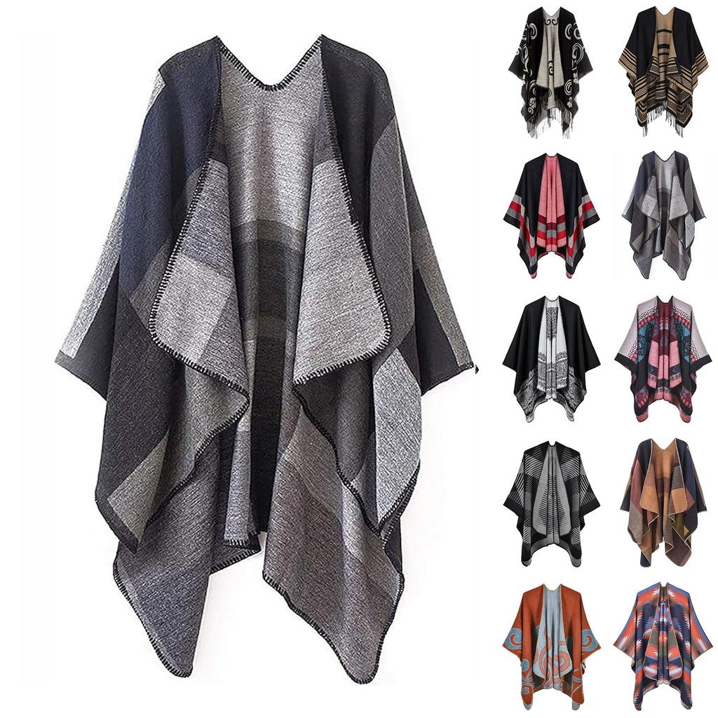 Women Winter Warm Oversized Printing Blanket Cape Wraps Shawl Cardigans