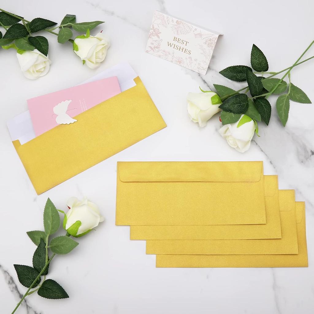 100 Pack Gold Metallic #10 Business Envelopes 4-1/8 x 9-1/2 in Square Flap Mailing Envelopes for Office, Business Letterhead, Invoices, Personal