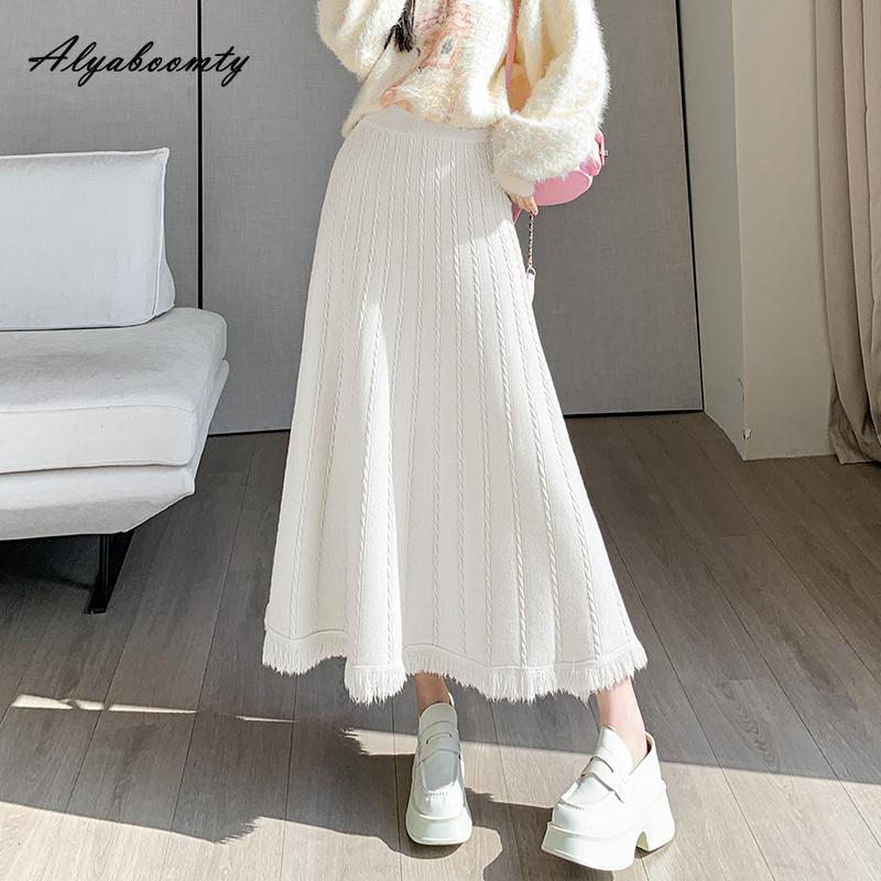 Корейская мода, осенне-зимняя женская юбка-миди с высокой талией, серая, черная, абрикосовая, кофейная, толстая теплая юбка, элегантная женская юбка с кисточками, женские юбки