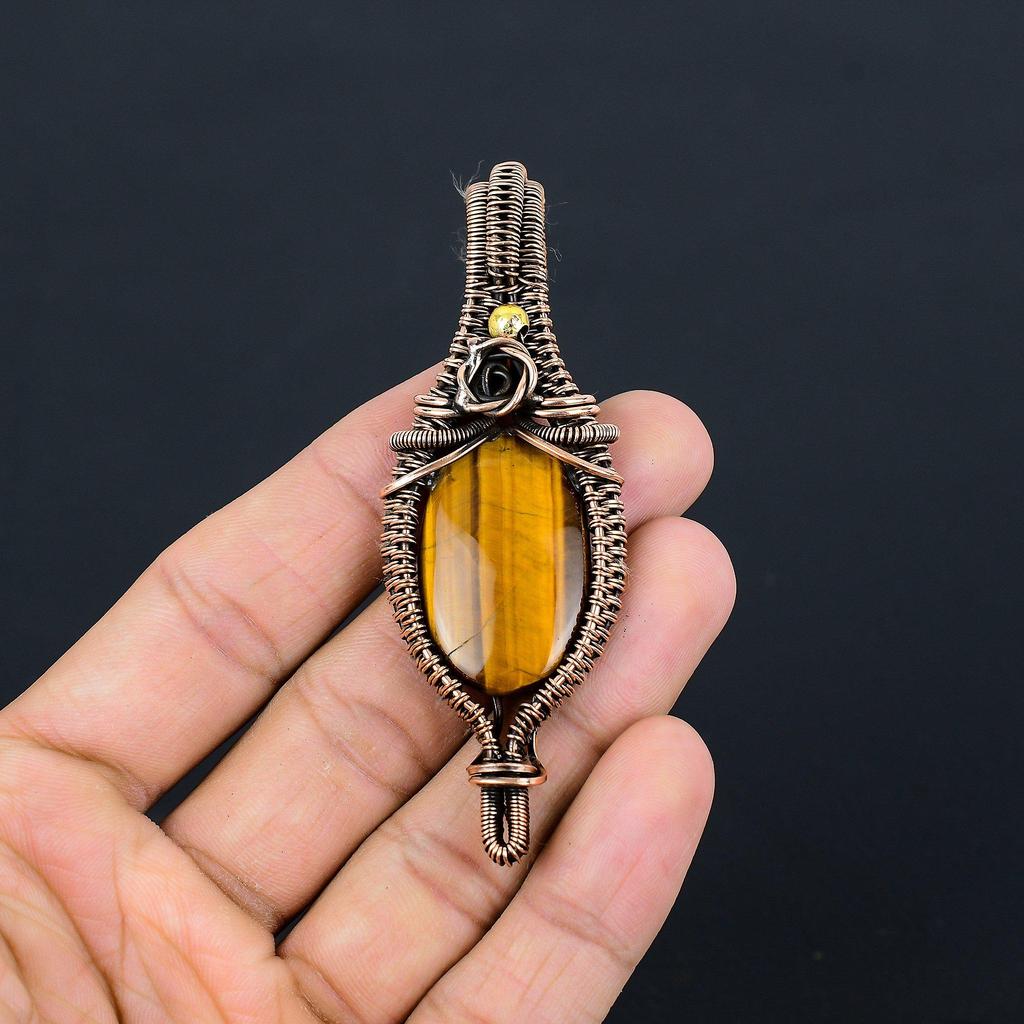 Подвеска Тигровый глаз, Подвеска из драгоценного камня ручной работы, обернутая медной проволокой 999 пробы, Антикварное украшение, Для подарка, Серебряное украшение