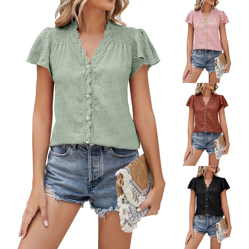 Женская модная кружевная блузка с коротким рукавом и V-образным вырезом, свободная, удобная женская блузка