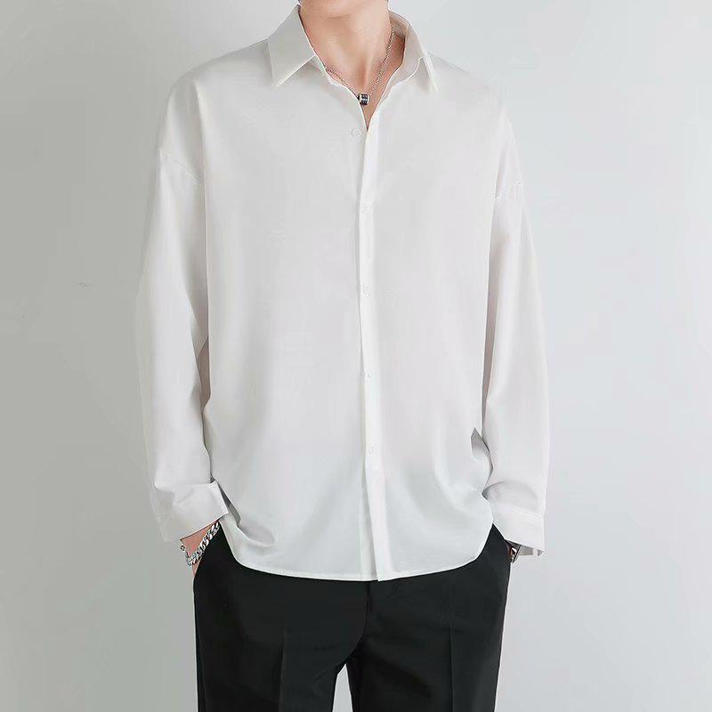 Men's Summer Ice Silk Long-Sleeve Black Drape Shirt - Wrinkle-Free, Loose, Casual, Handsome Gray Style