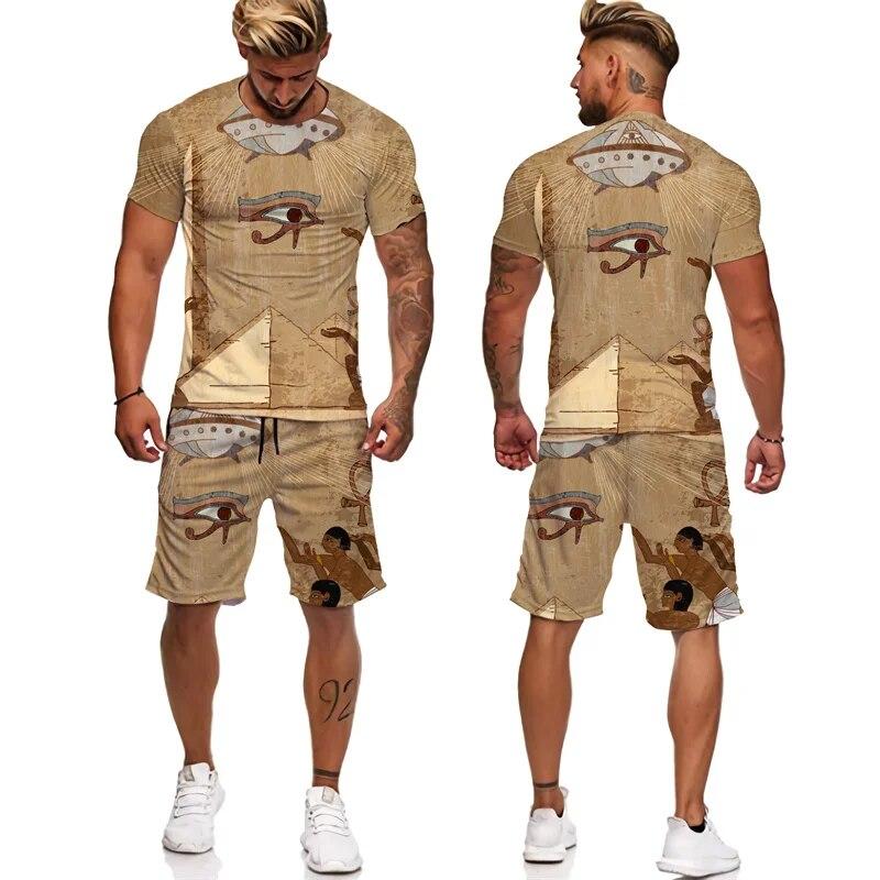 Мужская спортивная одежда из двух предметов, древнеегипетская футболка с 3D принтом, шорты фараона, уличная одежда для пар, летняя новинка