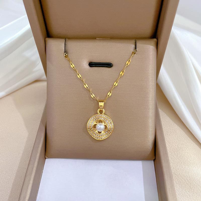 Fashion 18K Gold Plated Zircon Floral Round Pearl Stainless Steel Necklace Earrings Jewelry Set for Women Wedding Romantic Gift